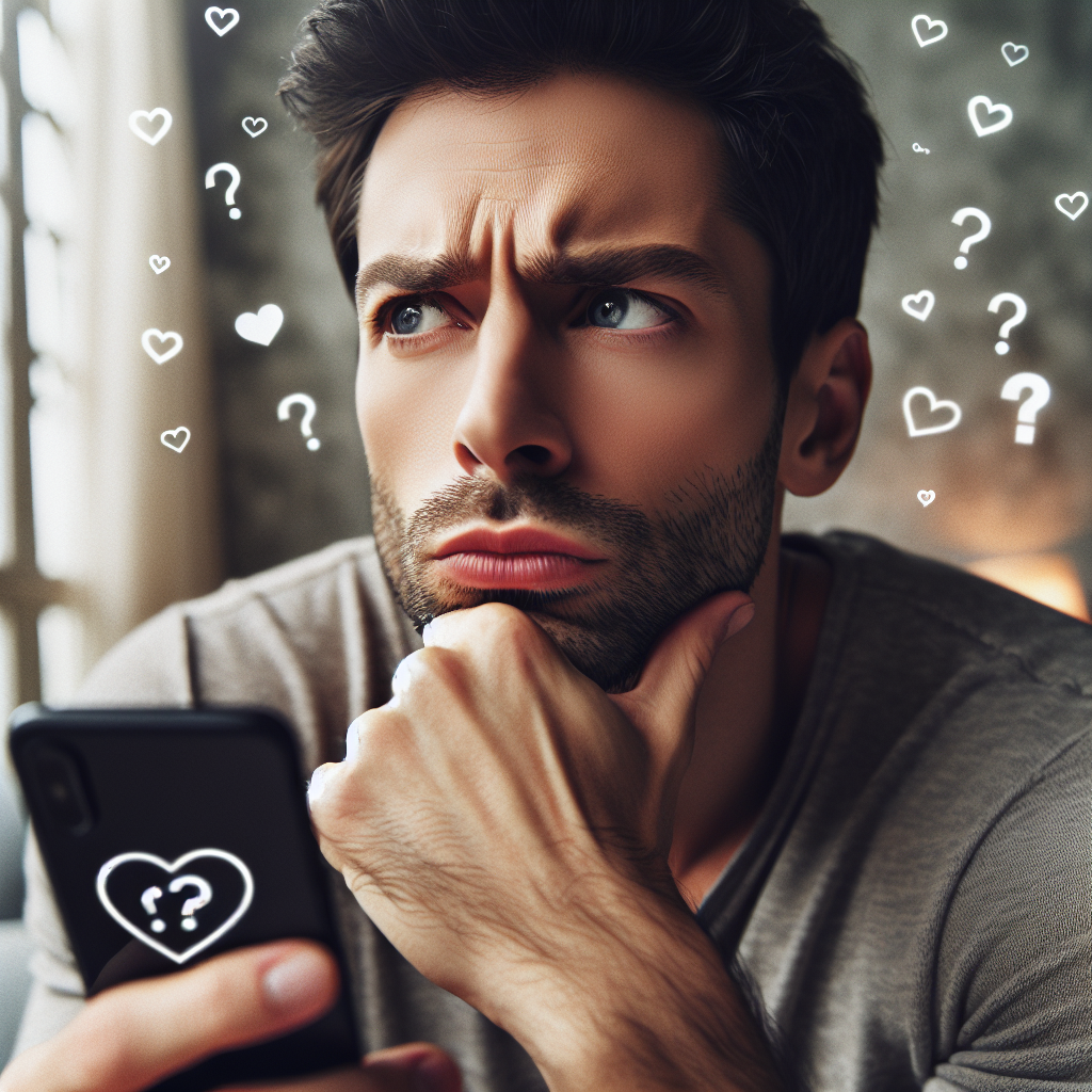 A thoughtful person holding a smartphone with Tinder app open, looking concerned, in a cozy room setting. Soft lighting, a mix of emotions: curiosity, doubt, and reflection. Background subtly includes relationship symbols like hearts and question marks.