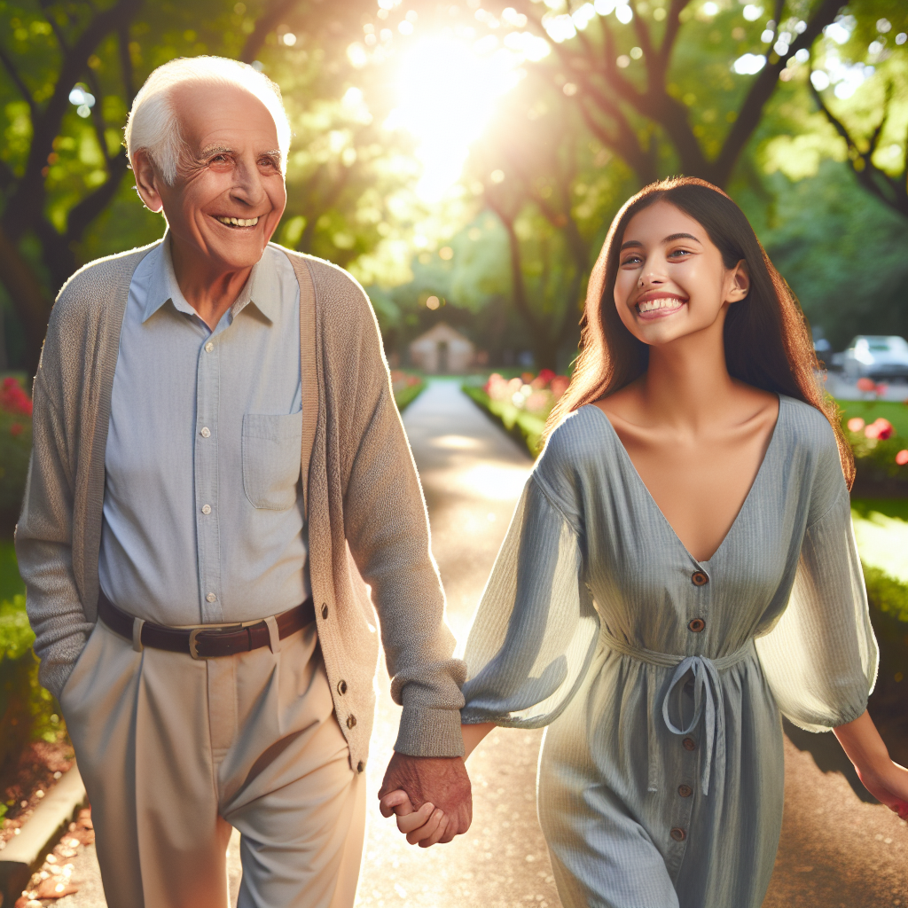 Un couple d'âges différents, souriant et heureux, marchant main dans la main dans un parc ensoleillé, montrant l'harmonie et l'amour malgré la différence d'âge.