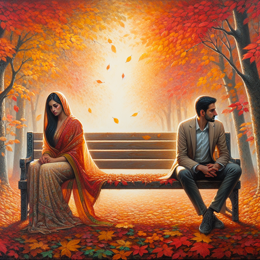 A serene painting depicting a couple sitting on a bench in a park during autumn, surrounded by falling leaves, both looking distant from each other, symbolizing the end of a relationship.