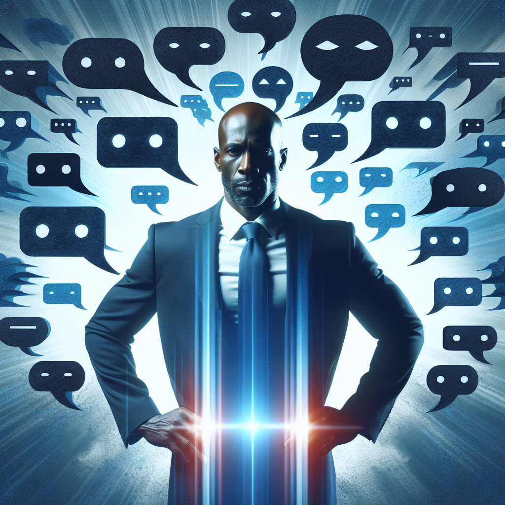 A visual depiction of a person standing confidently, surrounded by negative speech bubbles, symbolizing overcoming manipulation in relationships, with a subtle background hinting at emotional strength.