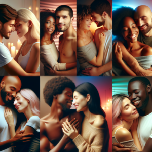 Artistic depiction of diverse couples engaging in various non-penetrative intimacies such as cuddling, touching, and laughing, with a warm, inclusive atmosphere and soft, colorful lighting.