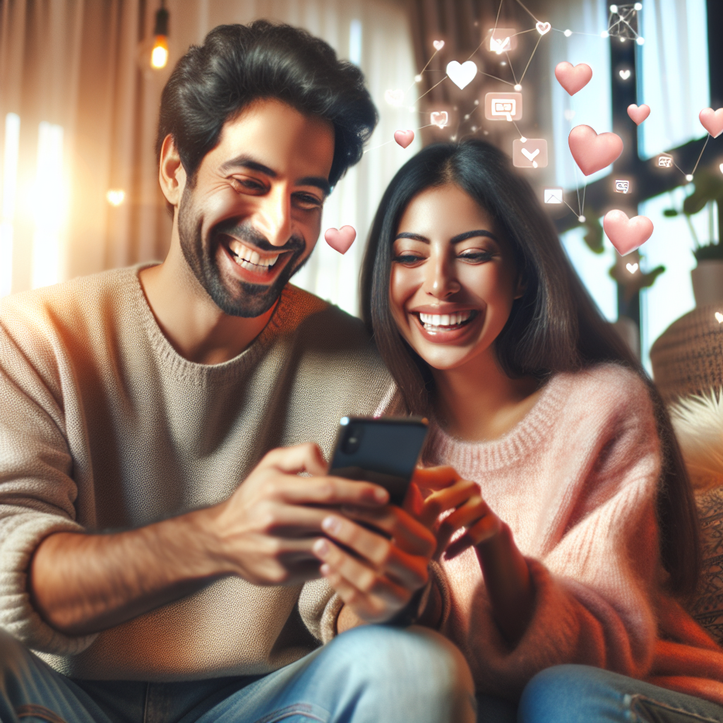 A happy couple using a smartphone together, surrounded by hearts and digital icons representing communication and love, set in a cozy living room environment.