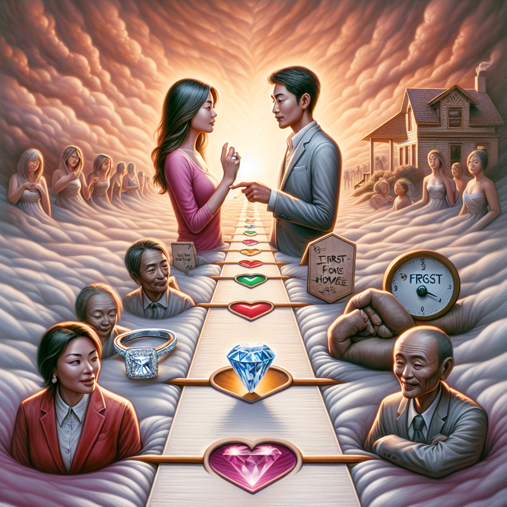 A thoughtful illustration of a couple standing on a timeline, marking significant years in their relationship. The background is a blend of warm colors symbolizing love, with subtle icons representing communication and conflict resolution.