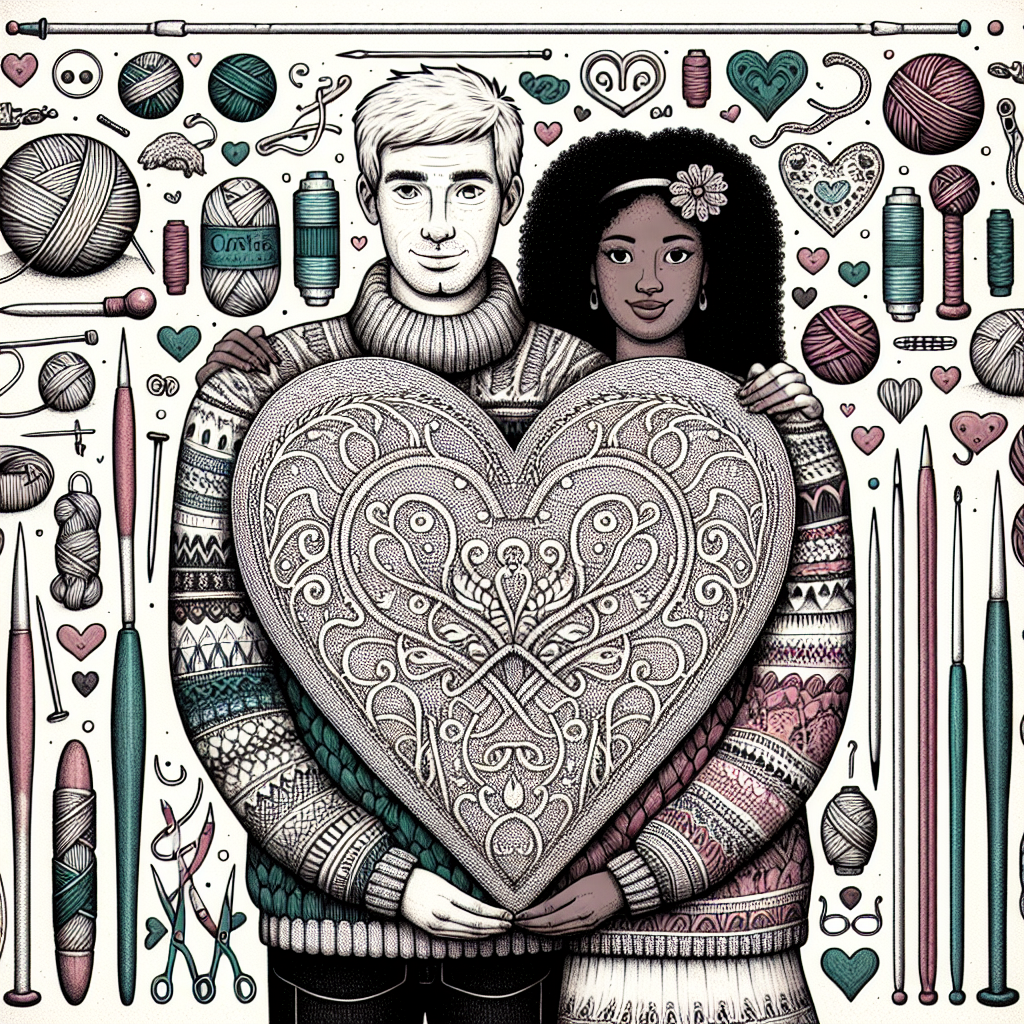 A whimsical illustration of a couple with a hand-knitted sweater, surrounded by playful symbols of curses and love, set in a cozy, artisanal knitting environment.