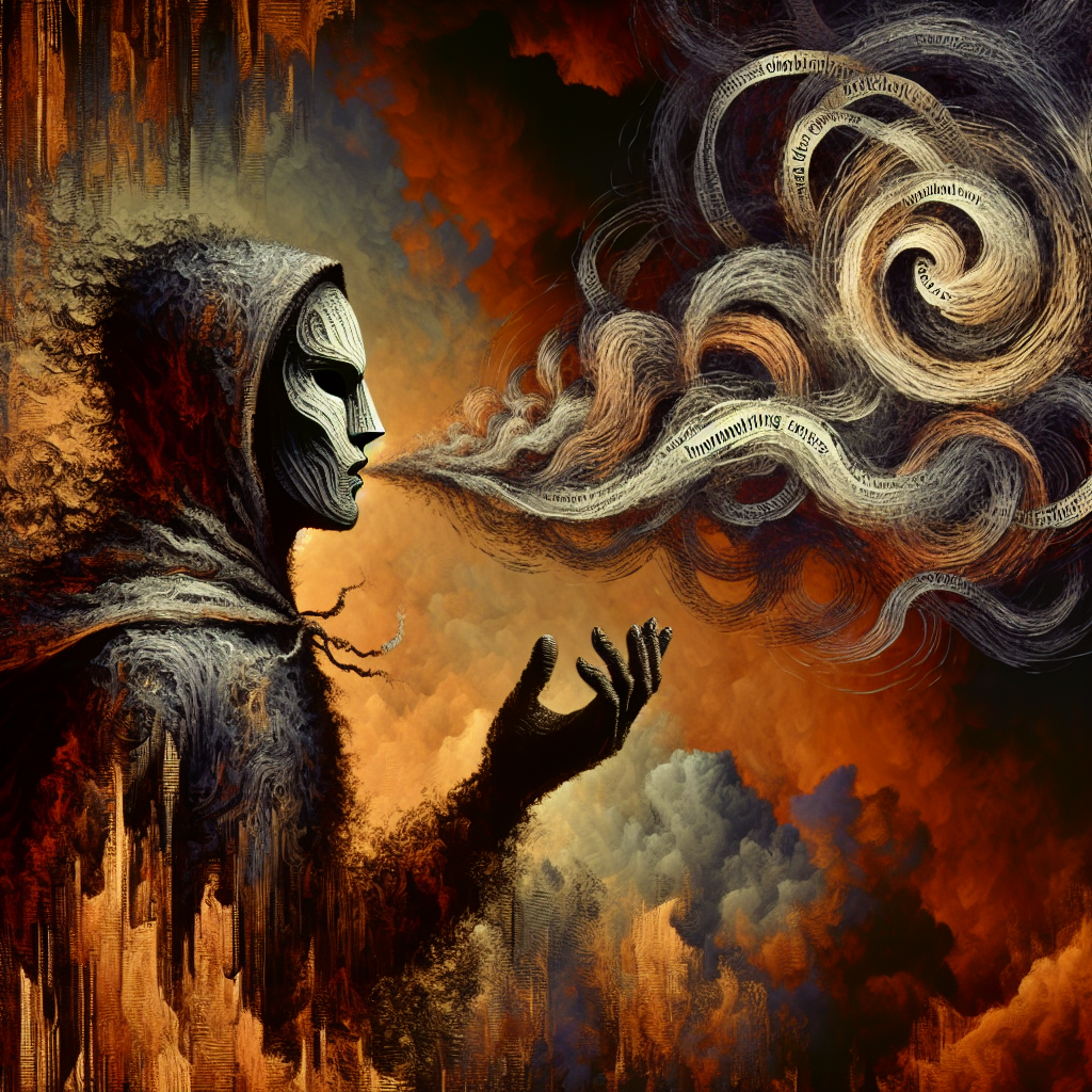 An illustration of a masked figure whispering manipulative phrases, symbolizing control and deception, in a subdued, dramatic color palette.