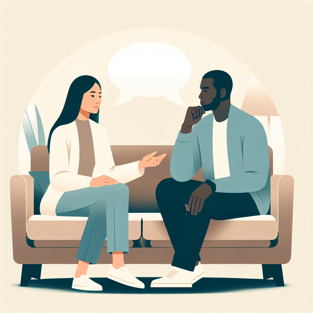 illustration of a couple sitting on a couch, having a thoughtful conversation, with a calm and understanding atmosphere, soft pastel colors.