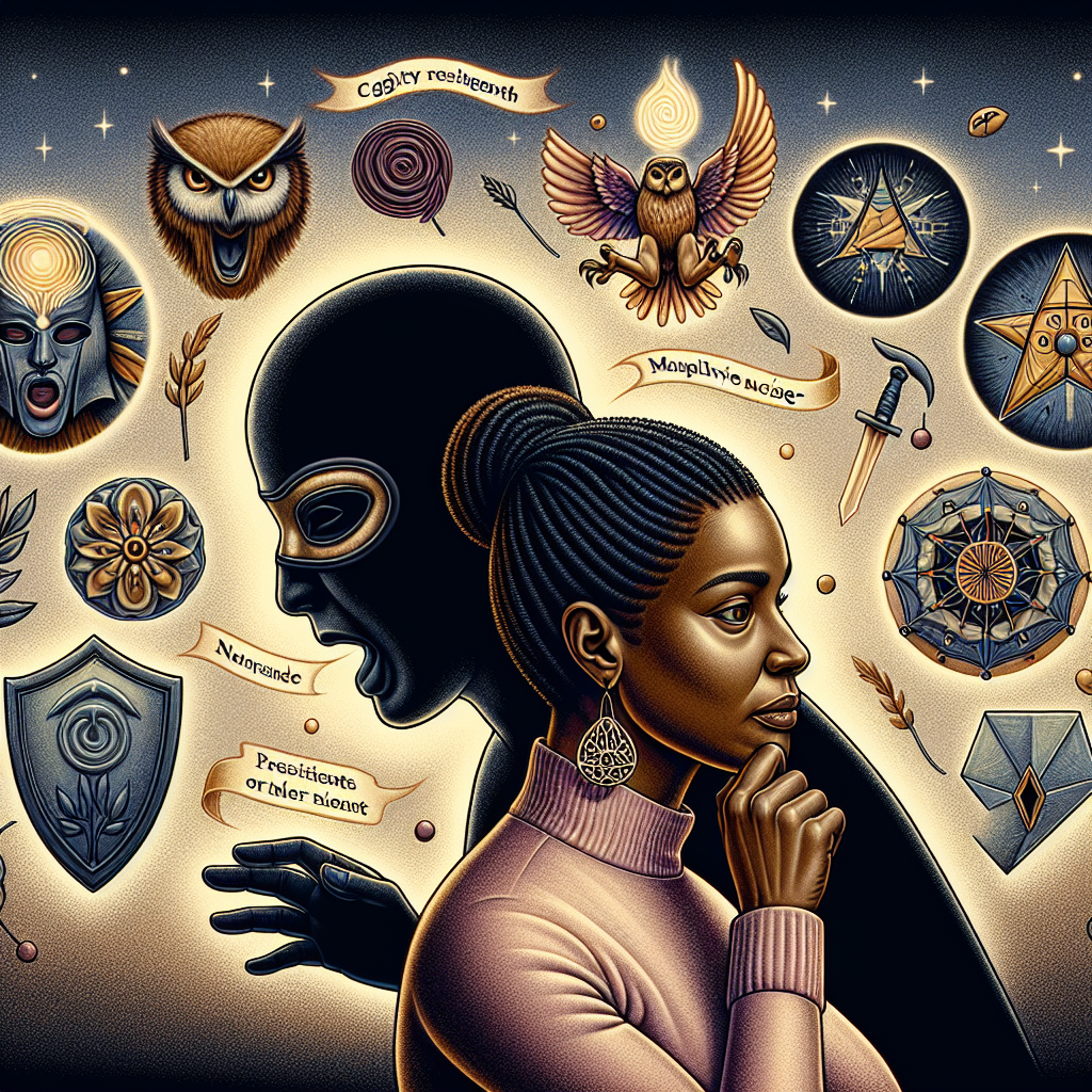 An insightful illustration showing a masked character whispering manipulative phrases, with a woman looking thoughtful and empowered, surrounded by symbols of psychological strength and awareness.