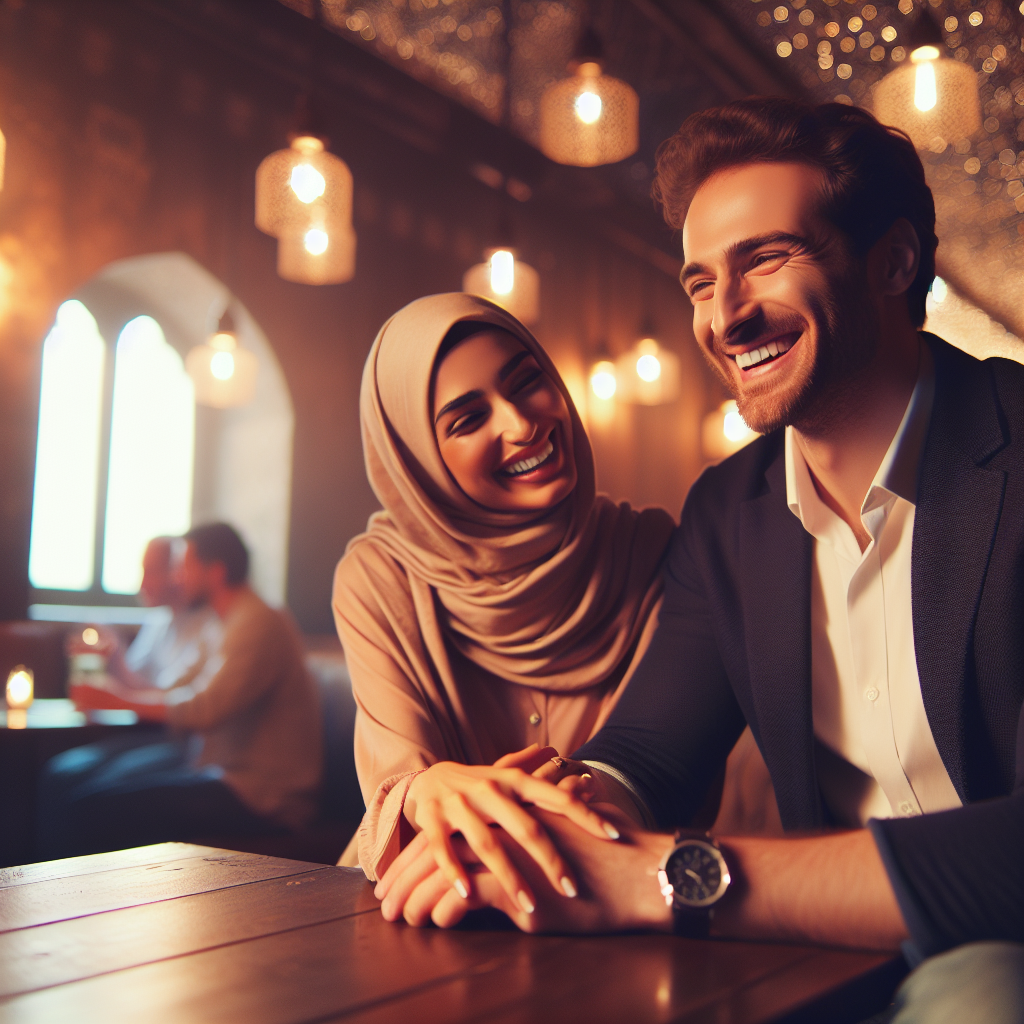 A couple sitting in a cozy cafe, laughing and talking intimately, surrounded by warm lighting and a soft, romantic ambiance. They are holding hands across the table, with a sense of comfort and ease between them.