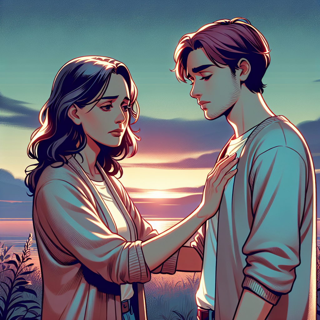 A soft, empathetic illustration of two people parting ways with understanding expressions, set in a calm and serene environment.