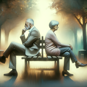 An insightful and thoughtful image of an older couple in their 50s or 60s, sitting apart on a park bench, with pensive expressions, capturing the essence of 'grey divorce'. The background should be a serene park setting with soft sunlight filtering through trees.