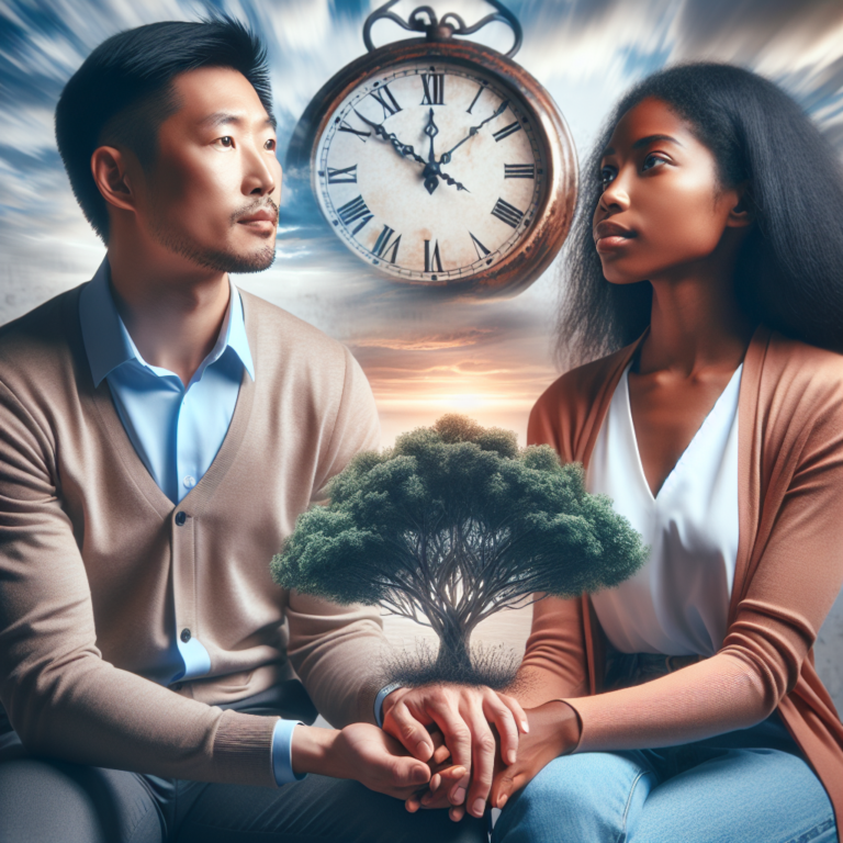 A couple sitting together, holding hands, and looking thoughtfully into the future. They are surrounded by symbols of time and growth, such as clocks and trees, indicating the passage of years and the potential for strengthening their relationship through communication.