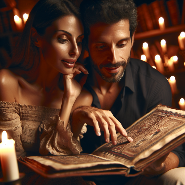 A couple exploring a book of Kamasutra positions together with a playful and romantic atmosphere, emphasizing intimacy and connection.