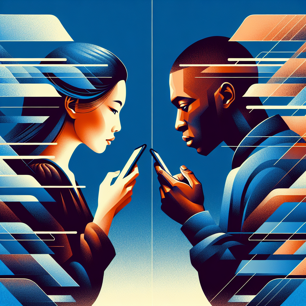 An abstract representation of relationships and fidelity depicting two people standing apart, exchanging furtive glances with phones in hand, symbolizing digital communication. The background should be a blend of cool blues and warm tones to convey a sense of emotional complexity and tension.