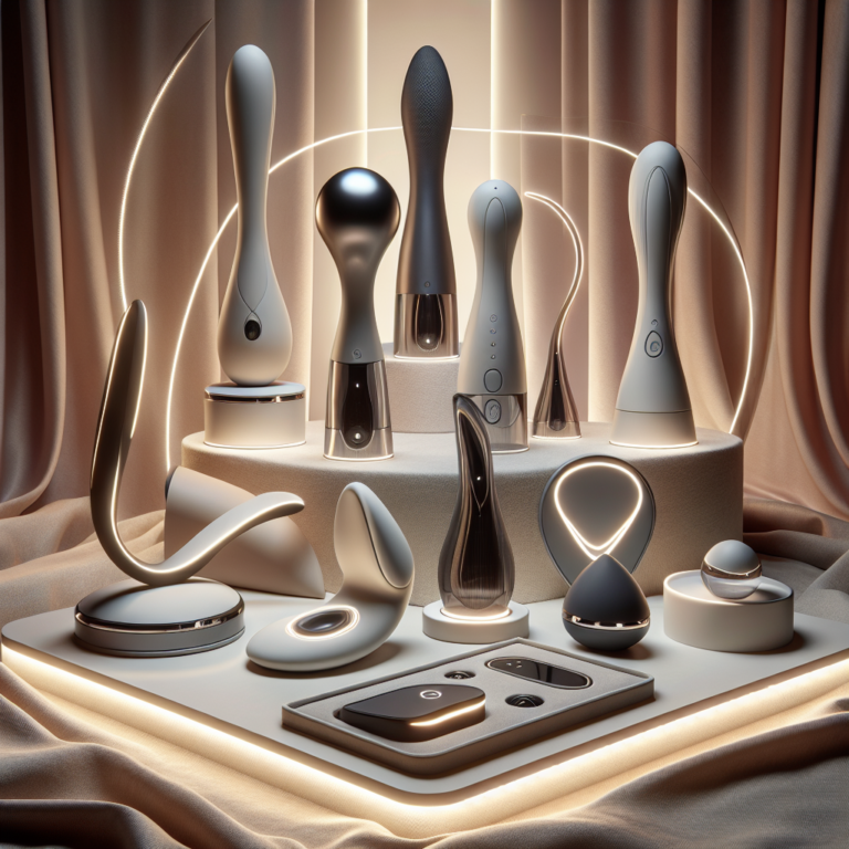 An array of sleek, modern sex toys displayed in an elegant setting with futuristic lighting. Include elements like a curved rabbit vibrator, a high-tech clitoral stimulator, and eco-friendly designs, all showcased on a soft, inviting fabric background.