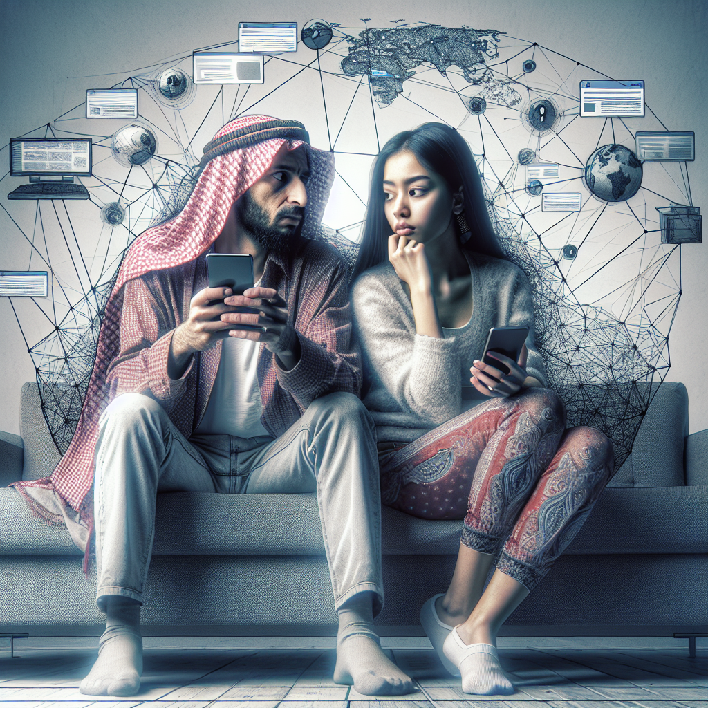 An illustration of a couple sitting apart on a couch, each looking at their phones with suspicion. In the background, a digital web surrounds them, symbolizing online connections and possible infidelity. The atmosphere should be tense yet contemplative.