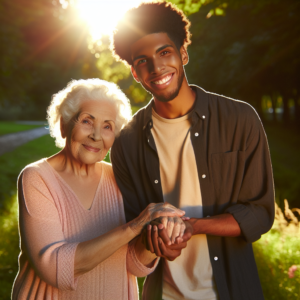 A diverse couple with a significant age gap, smiling and holding hands in a sunlit park, depicting love and diversity in relationships.