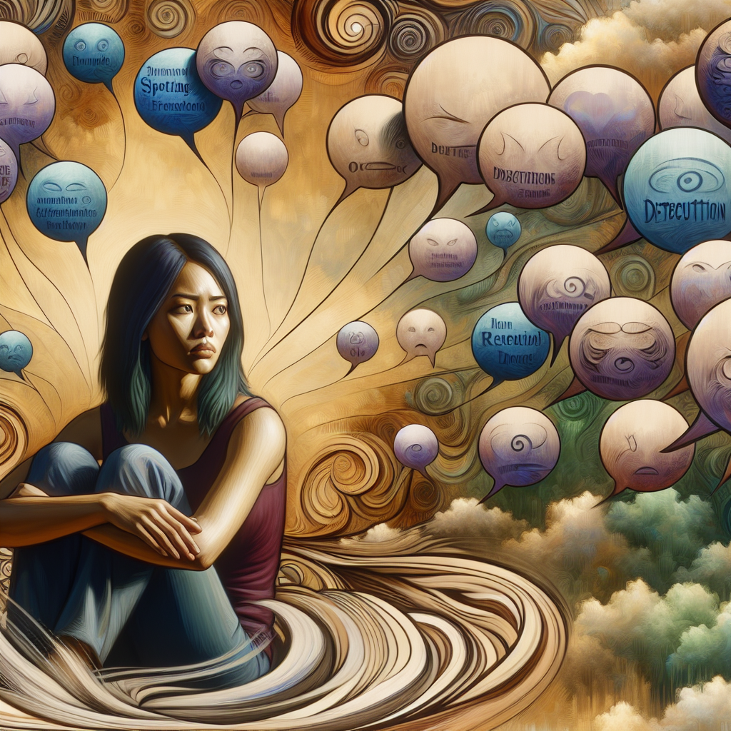 A thoughtful person reflecting with concern, surrounded by speech bubbles with manipulative phrases, in a symbolic representation of psychological manipulation, with a calm and supportive background, style similar to an insightful illustration.