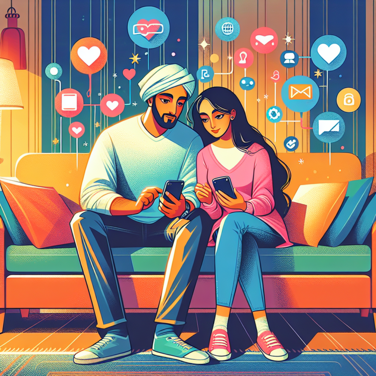 A vibrant illustration of a diverse couple using mobile apps together, symbolizing technology enhancing romantic relationships, with icons of love, communication, and connection floating around them.