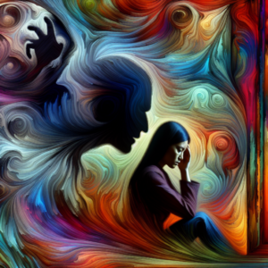 An illustration showing a shadowy figure whispering into the ear of a confused person, symbolizing psychological manipulation. The background should be a swirl of abstract, dark colors to represent confusion and emotional turmoil.