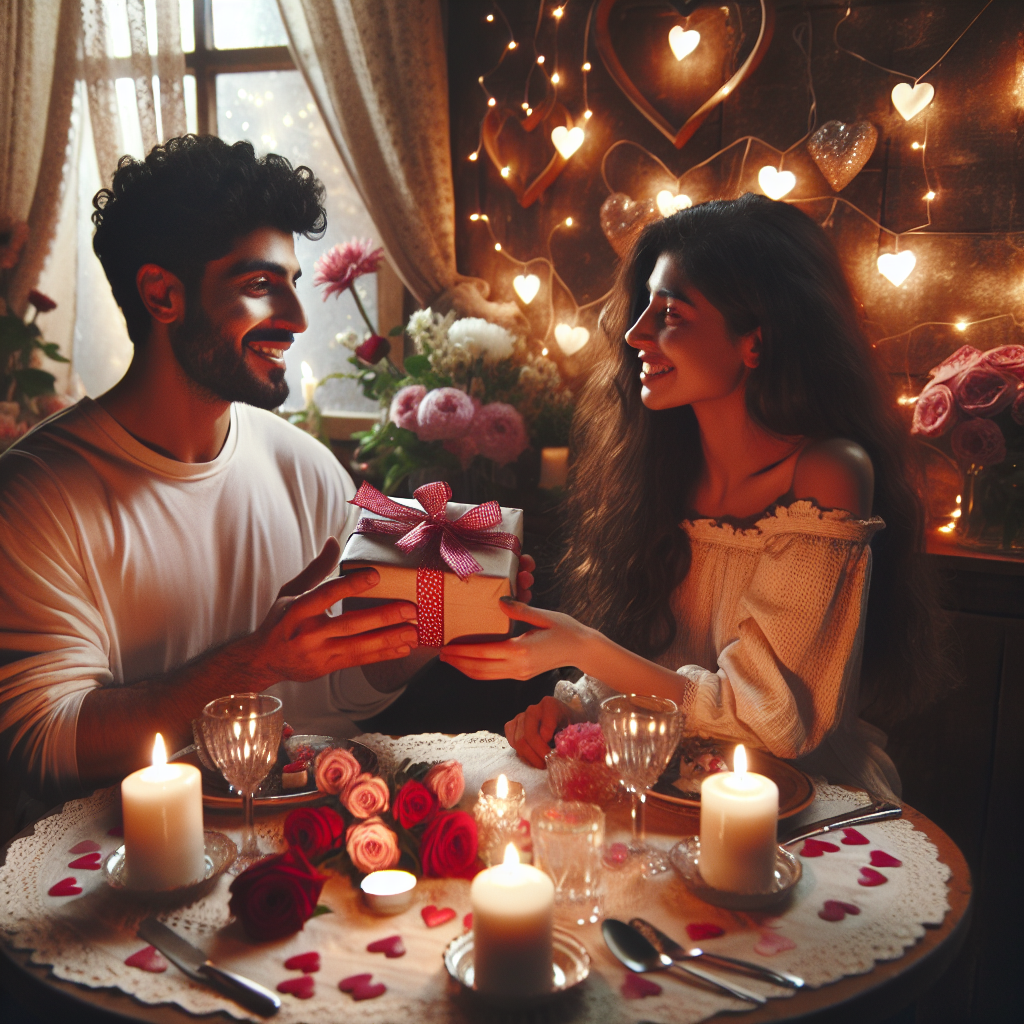 An intimate and cozy Valentine’s setting with a couple enjoying a romantic candlelit dinner, surrounded by flowers and soft lighting. They exchange a thoughtful handmade gift and share a laughter-filled moment. The atmosphere is filled with love and joy, symbolized by a warm color palette and heart-shaped decorations.