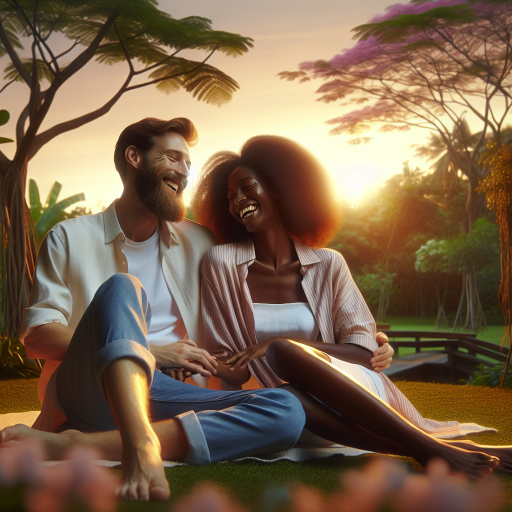 A romantic scene with a couple sitting in a park, sharing a light-hearted moment under a sunset sky, symbolizing the early stages of a relationship.