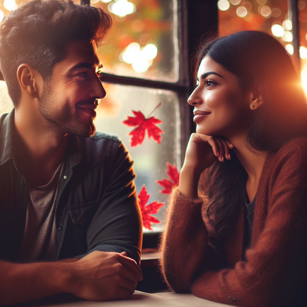 A romantic couple sitting in a cozy cafe, engaged in deep conversation with subtle smiles, soft lighting creating a warm ambiance, autumn leaves visible through a window, symbolizing new beginnings in a relationship.