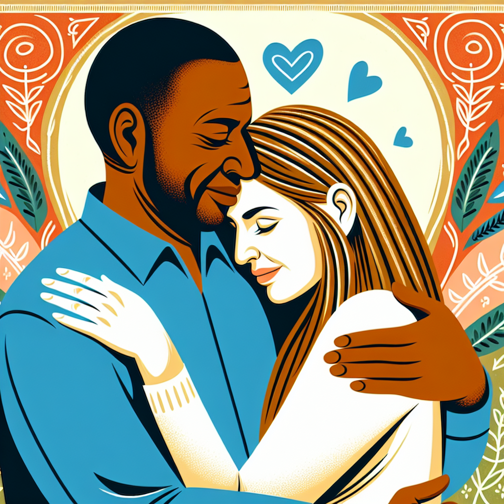 A colorful, heartwarming illustration of a diverse couple in a loving embrace, symbolizing differences in age. The background should be soft and inviting, with symbols reflecting love and harmony. There should be no discernible facial features, focusing on the emotion of the moment.