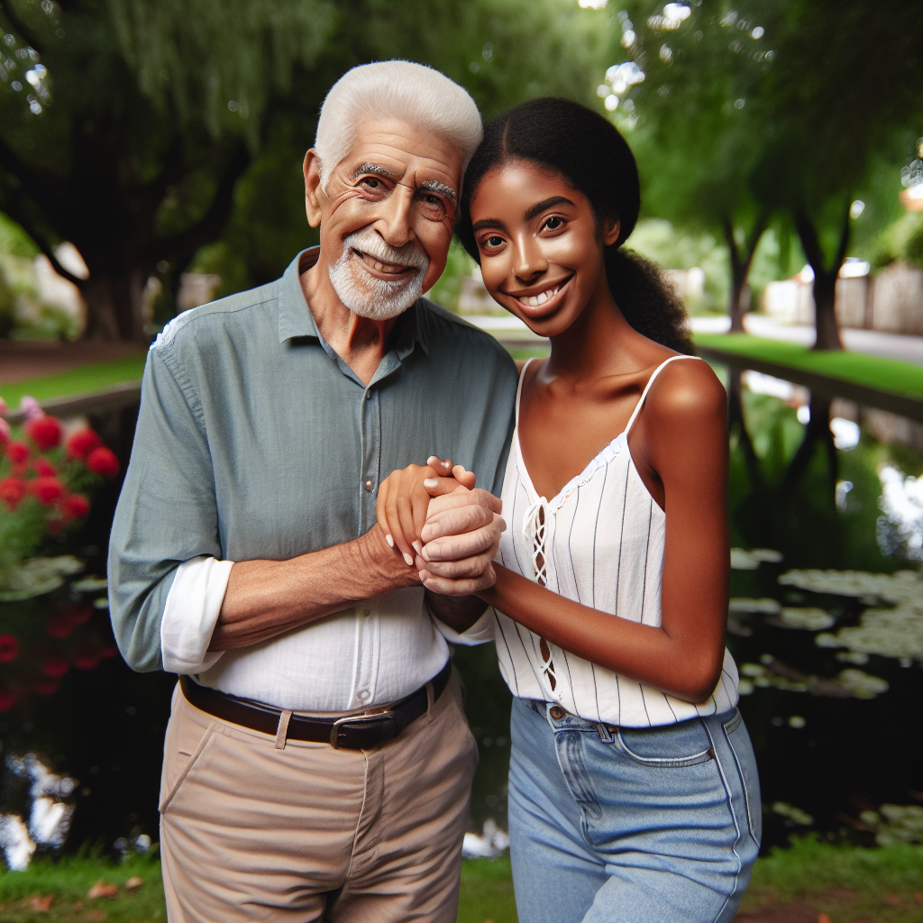 A diverse couple with a noticeable age difference, happily holding hands in a serene park setting. The scene captures affection, understanding, and mutual respect, emphasizing their emotional connection despite the age gap.