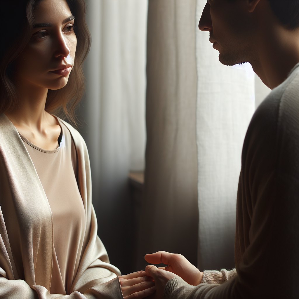 A calm and respectful conversation between two people in a serene setting, symbolizing a peaceful breakup. Soft natural lighting, neutral colors, and a focus on emotional expression.