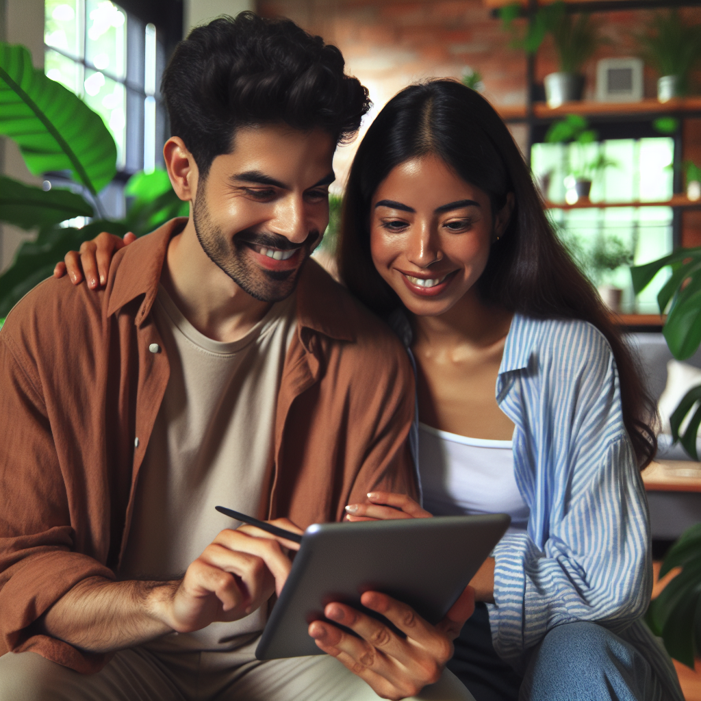 Un couple moderne utilisant une application sur une tablette dans un salon confortable, entouré de plantes vertes, un sentiment de complicité et de bonheur.
