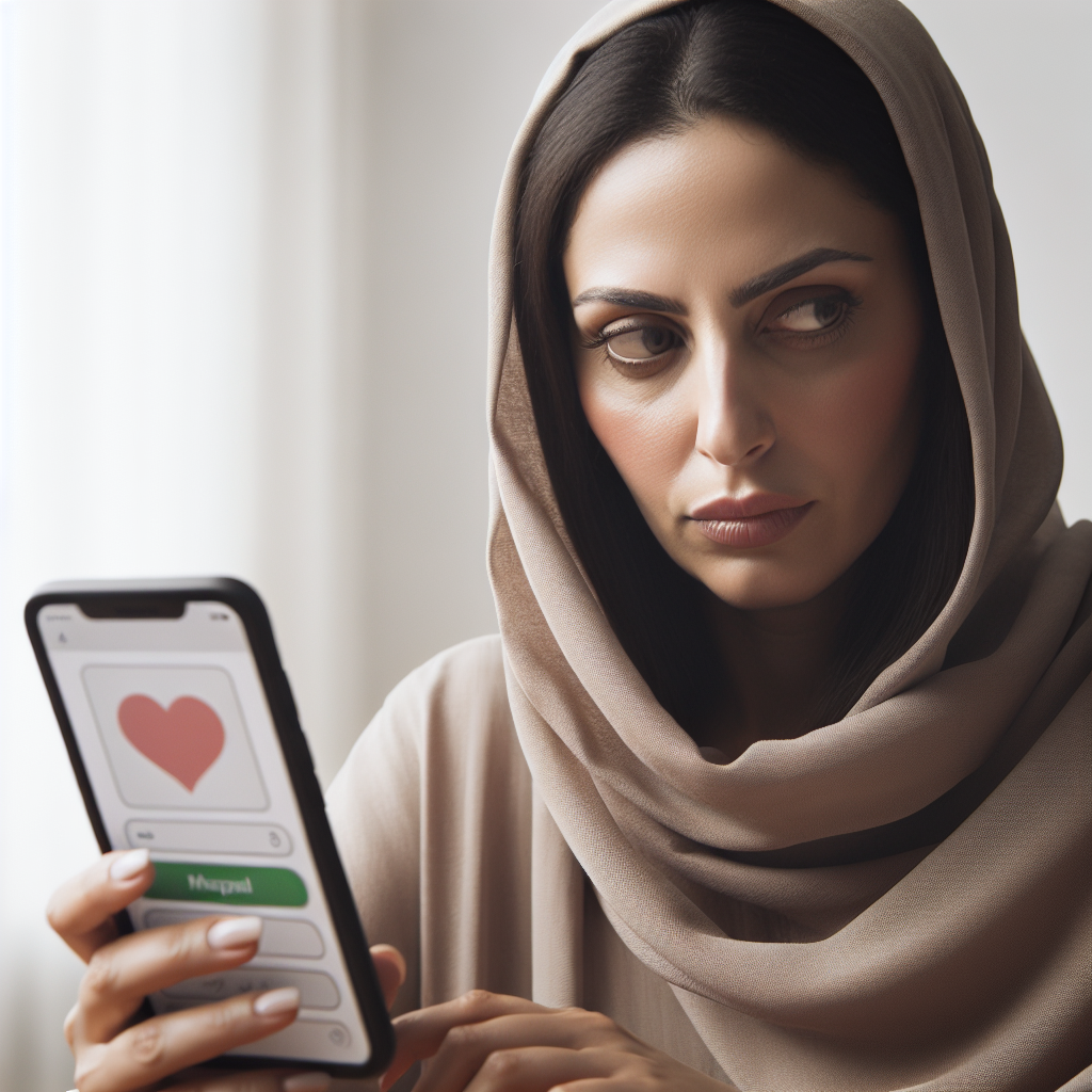 A woman looking at a smartphone screen with a suspicious expression, the screen subtly displaying a dating app interface. The background should be soft and neutral, symbolizing the seriousness and emotional nuance of relationship trust issues.