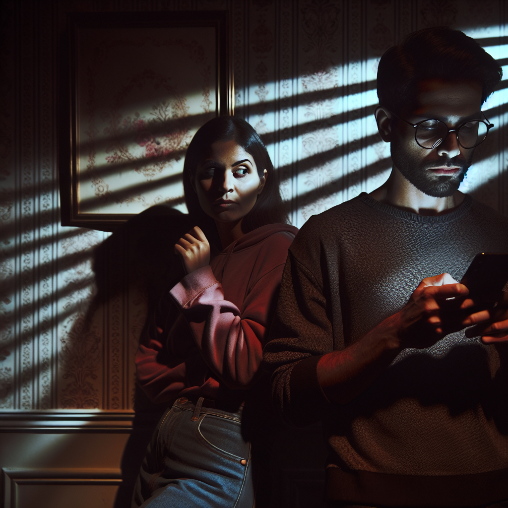 A suspicious person glancing over at a partner using a smartphone, casting a shadow of doubt, in a dimly lit room symbolizing hidden secrets.