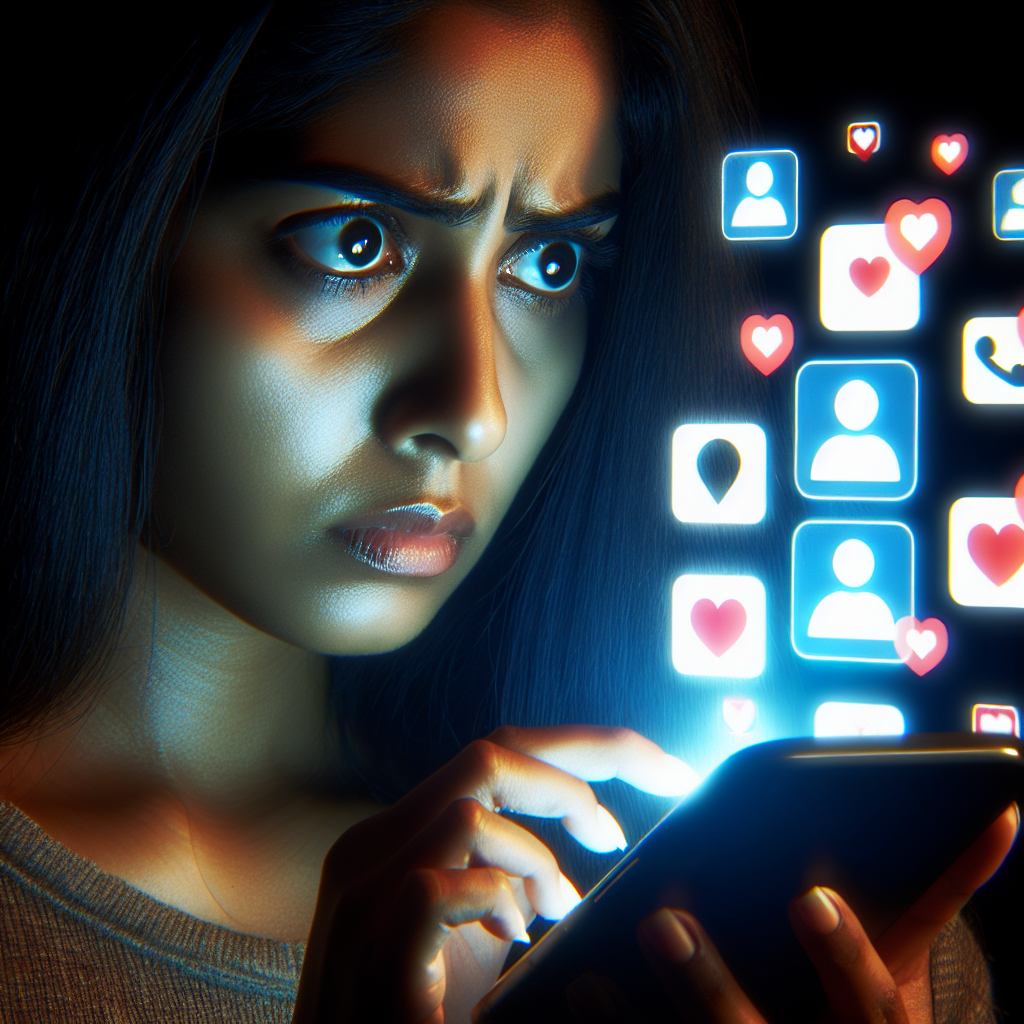 A worried person looking at a smartphone with dating app icons, illustrating suspicion and digital investigation.