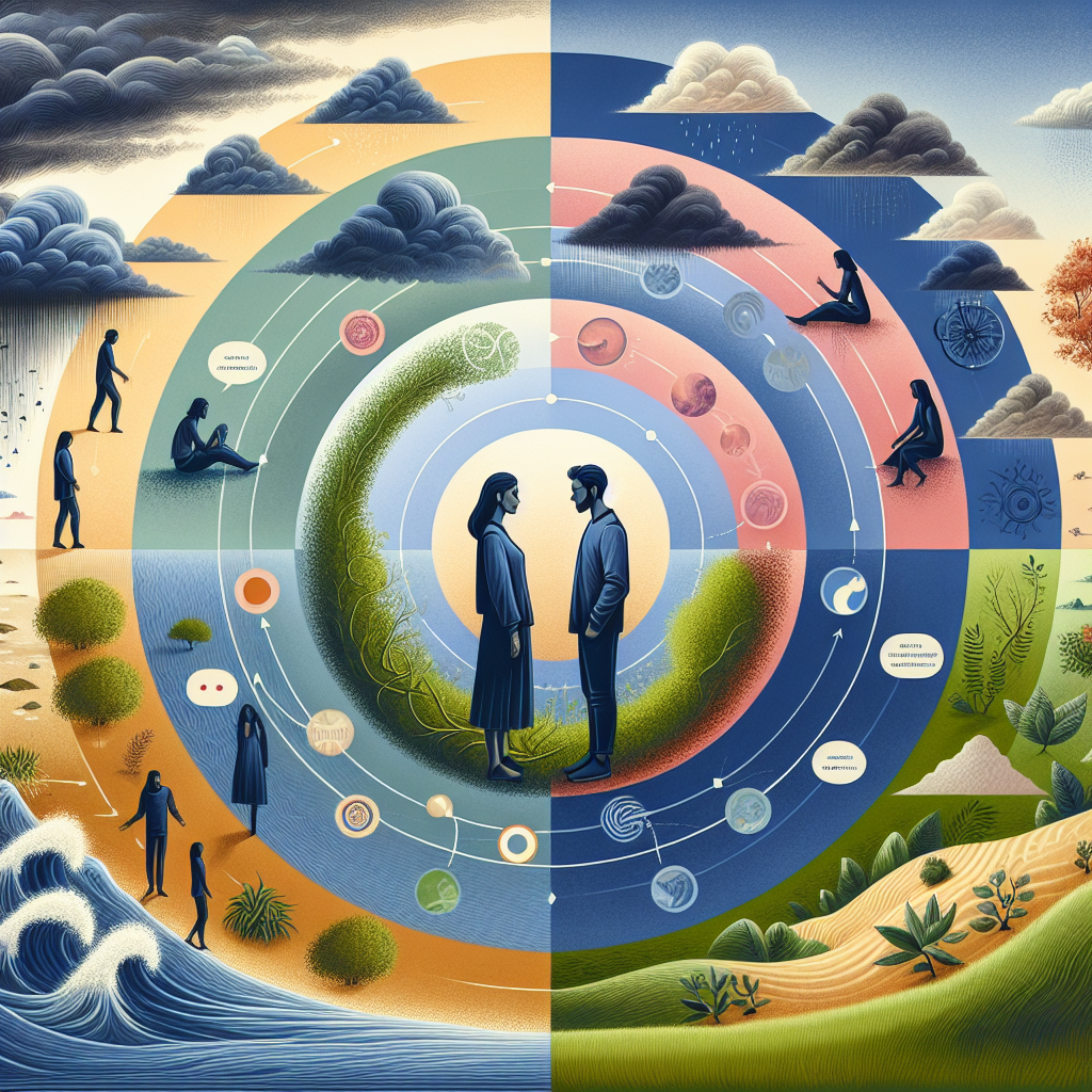 A symbolic illustration of a couple navigating through different challenging phases in their relationship, showing emotional dynamics and communication themes.