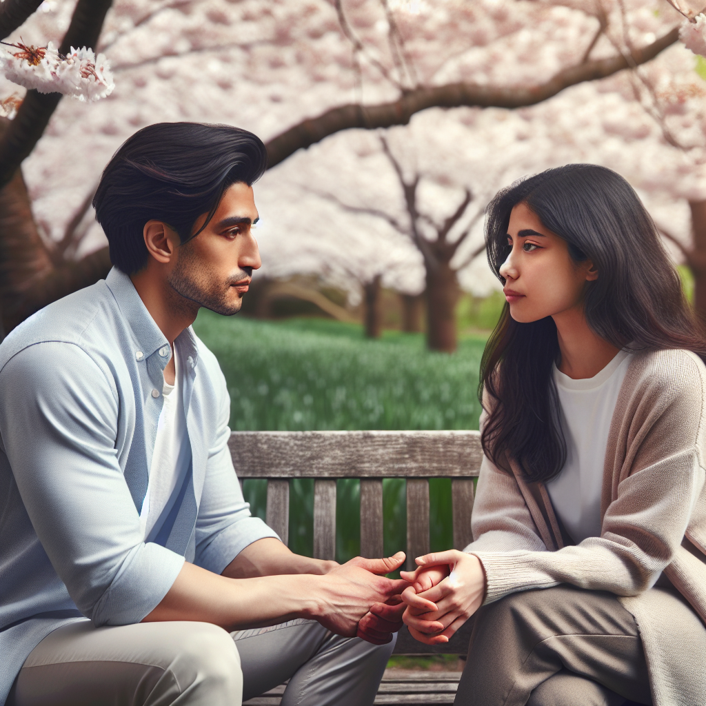 A thoughtful and serene scene of two people having an important and respectful conversation. The setting is a quiet park with blooming trees, they are sitting on a bench, showing calm expressions while engaging in a heartfelt discussion.