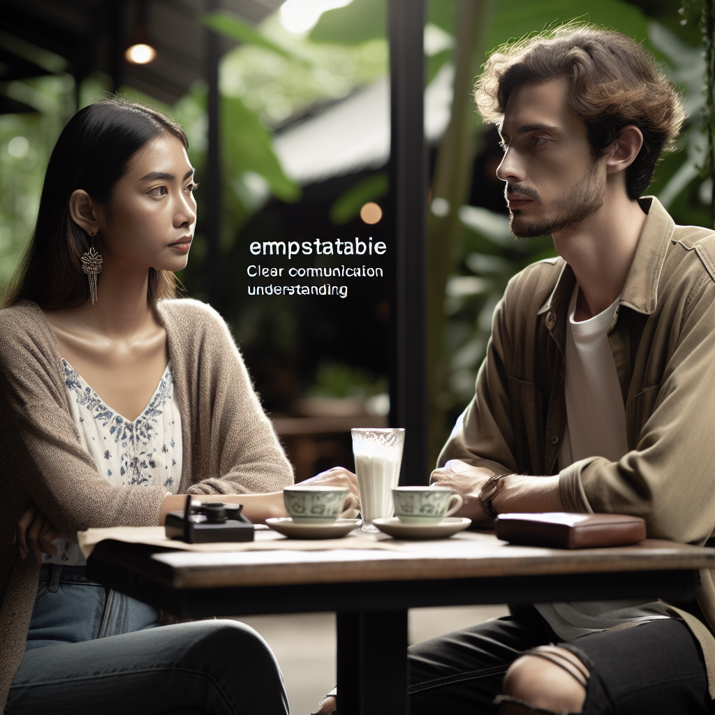 A thoughtful and empathetic breakup scene, focusing on communication and understanding between two people. The setting should evoke a sense of calm and resolution, with natural lighting to emphasize the emotions and facial expressions. Include elements like a peaceful park or a quiet café.