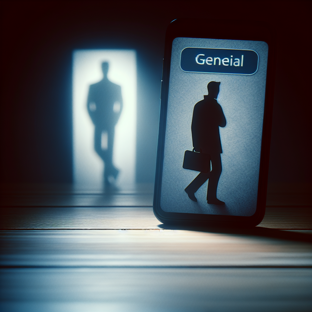Un smartphone affichant une application de rencontre, une silhouette à l'arrière-plan symbolisant le secret, ambiance de mystère et de discrétion.