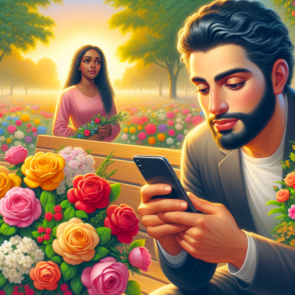 A romantic scene with a man sending a cute text on his phone to a woman while holding a bouquet of flowers, set in a sunny park with blooming flowers, symbolizing love and affection.