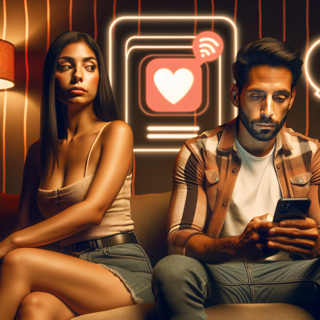 Un couple assis sur un canapé, la femme regardant l'homme d'un air suspicieux tandis qu'il est absorbé par son téléphone, l'arrière-plan montre une application de rencontres stylisée en surimpression, style réaliste, éclairage chaleureux.