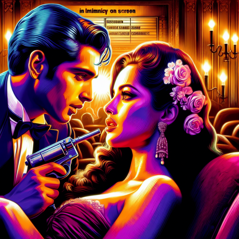 A sensual and captivating illustration of a couple in an iconic movie scene, with an artistic and tasteful representation of intimacy on screen, vibrant colors, cinematic ambiance.