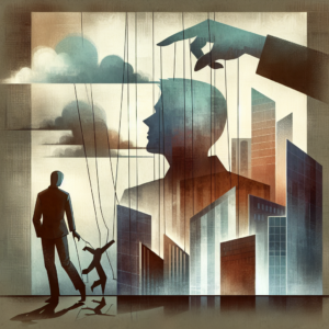 A psychological illustration depicting the subtle manipulation by a narcissist, showing a puppet-like control over an individual, set in a modern urban background with shadows and emotions represented abstractly.