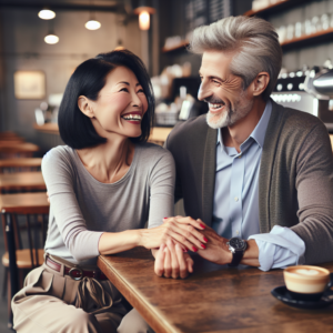 A romantic scene depicting a couple with a significant age difference, smiling and holding hands, set in a cozy coffee shop atmosphere. They exude happiness and mutual understanding, their differing ages subtly visible but not the focus, emphasizing love and connection.