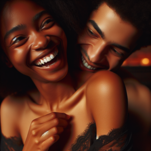 A playful, tender moment between a couple laughing. One of them is gently nibbling the other's shoulder. The setting is warm and intimate, conveying affection and playfulness. The focus is on the expressions of joy and surprise, highlighting the cute and loving nature of the gesture.