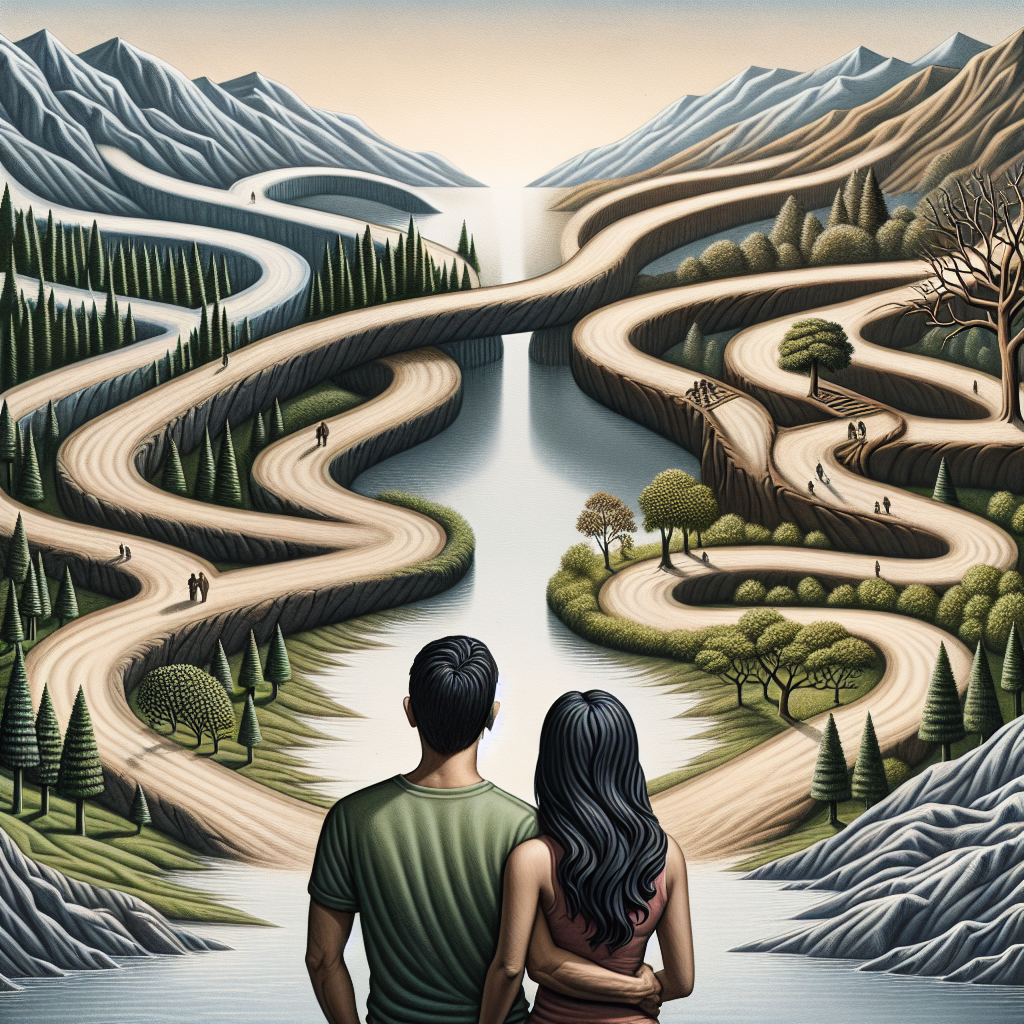 A couple standing together, facing challenges symbolized by different paths leading away from them, each representing a difficult year in their relationship journey, illustrated in a realistic style.