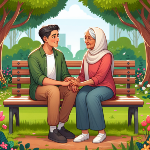 A diverse couple sitting on a park bench, with obvious age difference, holding hands and smiling, surrounded by nature, symbolizing love beyond age differences.