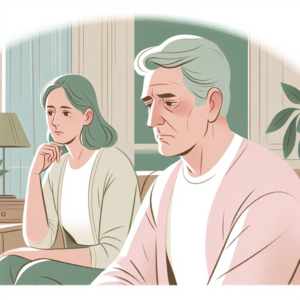 Une illustration montrant un couple âgé de plus de 50 ans, reflétant des émotions de contemplation et de décision, dans un cadre domestique paisible, avec des tons pastel doux.