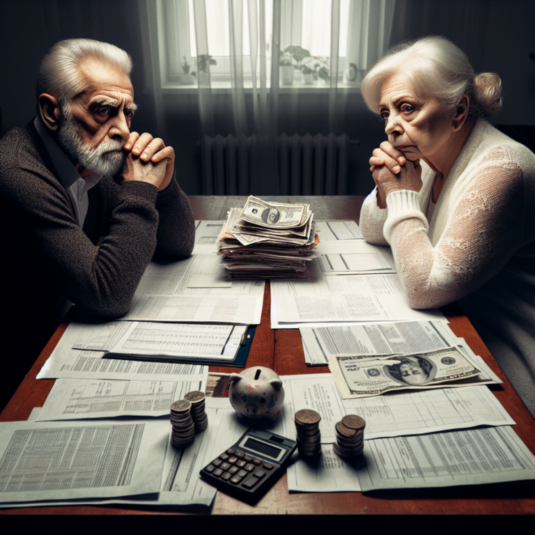 A thoughtful and insightful illustration showing an older couple, sitting apart in a living room, with a calendar and financial documents on the table, symbolizing the concept of 'grey divorce' and its implications.