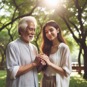 A loving couple of different generations holding hands, standing in a serene park setting, symbolizing unity despite age difference. The scene captures the warmth of a sunny day, with trees in the background and a light breeze gently blowing.