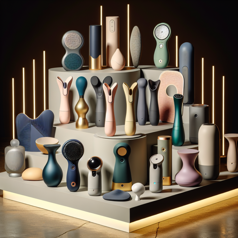 A collection of innovative and stylish sex toys on a modern, elegant podium. Each toy is unique in design, showcasing vibrant colors, sleek materials, and features like dual stimulation, eco-friendly elements, and sonic technology. The setting is elegant and tasteful, suitable for an educational article on modern sexual wellness.