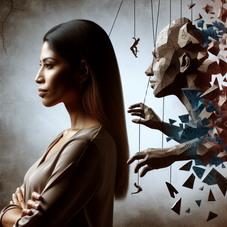 A thoughtful woman standing strong, surrounded by abstract representations of manipulative words breaking apart, symbolizing empowerment and resilience against psychological manipulation.